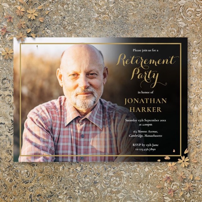 Convite Festa de Aposentadoria com Script Classic Gold Pho (Classic Gold Script Retirement Party Photo Invitation)