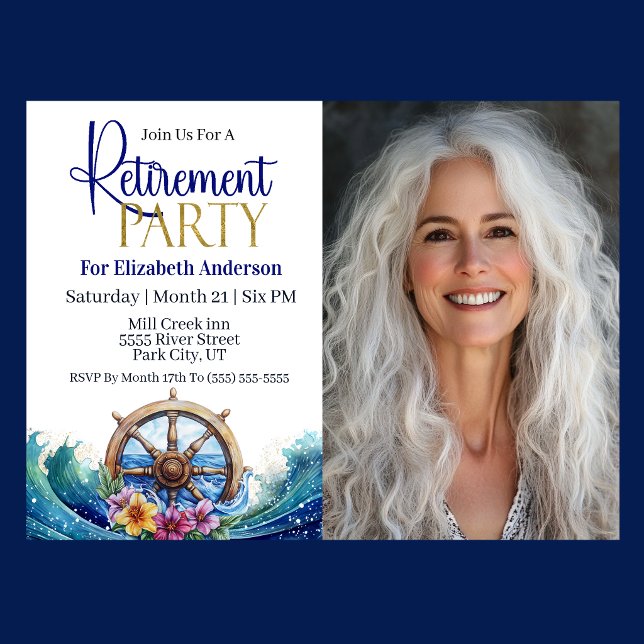 Convite Festa de Aposentadoria da Roda de Navegação da Flo (Nautical Retirement Party invitation with ship wheel, ocean waves, and tropical flowers )