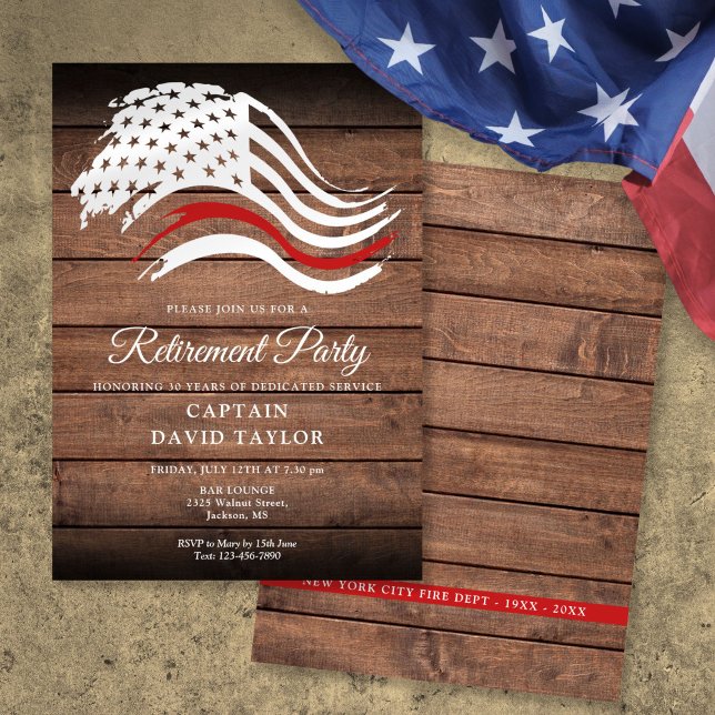 Convite Festa de Aposentadoria de Bombeiro Thin Red Line R (Firefighter Retirement Party Thin Red Line Rustic Invitation)