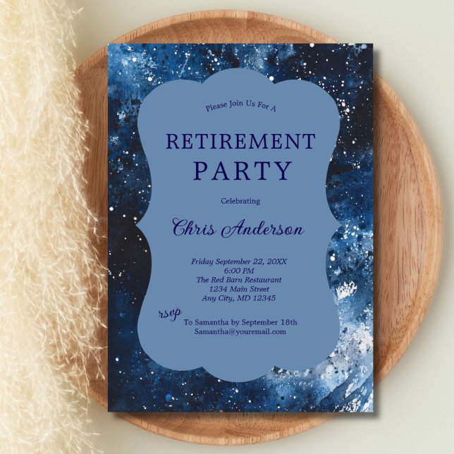 Convite Festa de Aposentadoria Empresarial Moderna com Aqu (Blue watercolor texture modern retirement party invitation for him or her. Printed or Digital )
