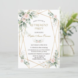 Convite Festa de Aposentadoria Floral Rosa Elegante Folhag