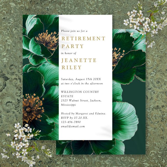 Convite Festa de Aposentadoria Floral Verde e Dourado Eleg (Elegant Green And Gold Floral Retirement Party Invitation)