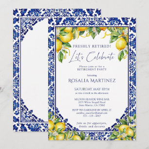 Convite Festa de Aposentadoria Limão com Azulejo Azul no E