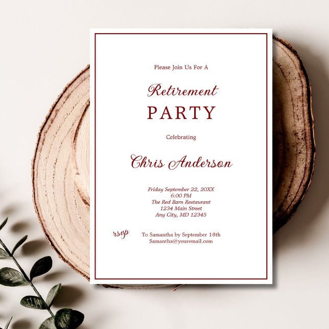 Convite Festa de Aposentadoria Moderna Simples Minimalista (Burgundy Red White minimal simple Retirement party for him or her invitation. Printed or Digital )