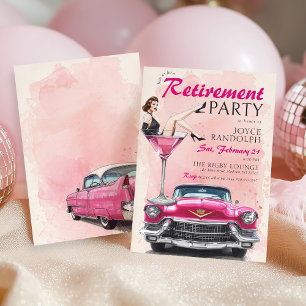 Convite Festa de Aposentadoria Retro Glam Rosa 1950 Carro