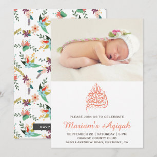 Convite Festa de Aqiqah com Bebê Menina e Flor de Pêssego