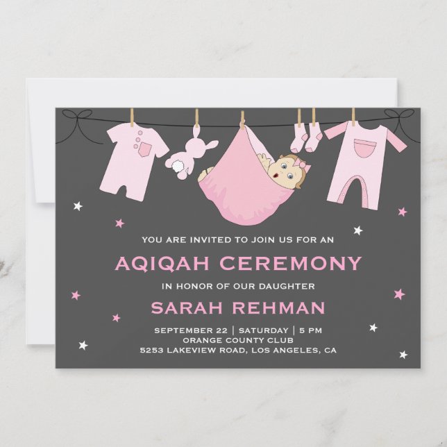 Convite Festa de Aqiqah de Bebê Menina Rosa Fofa (Frente)