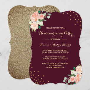 Convite Festa de Aquecimento Burgundy Gold Floral Confetti