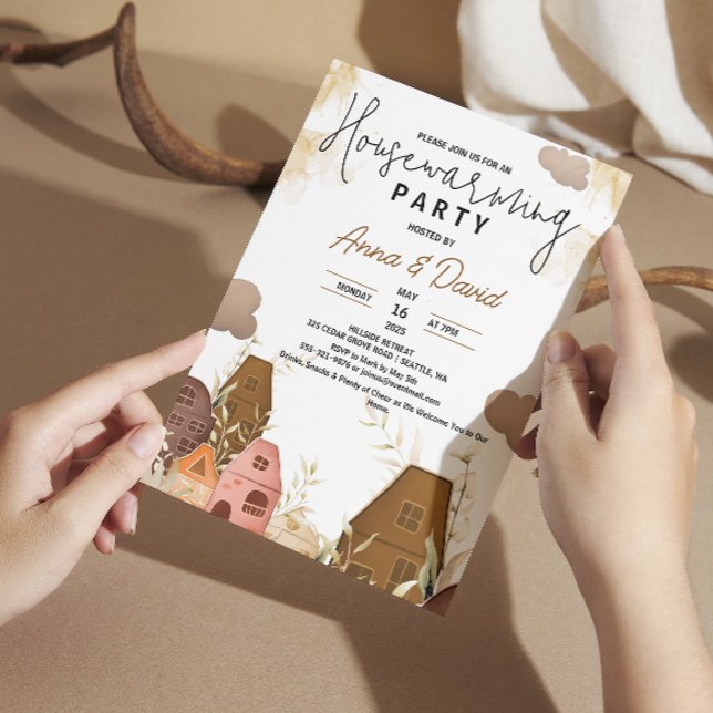 Convite Festa de Aquecimento com Desenho à Mão Rústico (Rustic Hand Drawing Housewarming Party Invitation farmhouse country watercolor brown chic towns )