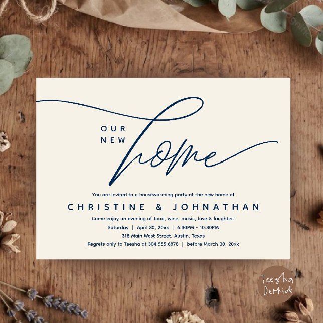 Convite Festa de Aquecimento de Casa Moderna e Elegante (Elegant Modern Our New Home Housewarming Party Invitation Card in Navy Blue and Ivory)