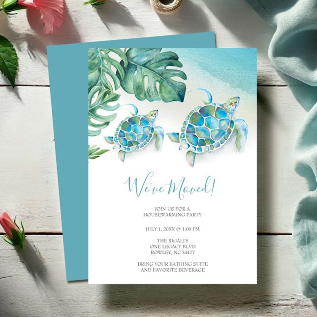 Convite Festa de Aquecimento de Casa Tropical com Aquarela (New address moving announcement cards tropical beach seat turtle watercolor Victoria Grigaliunas)