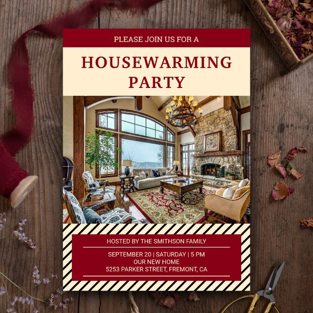 Convite Festa de Aquecimento de Casa Vermelha e Bege Moder (Criador carregado)