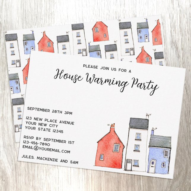 Convite Festa de Aquecimento de Casas Aquáticas (Watercolor houses custom personalized housewarming party invitation)
