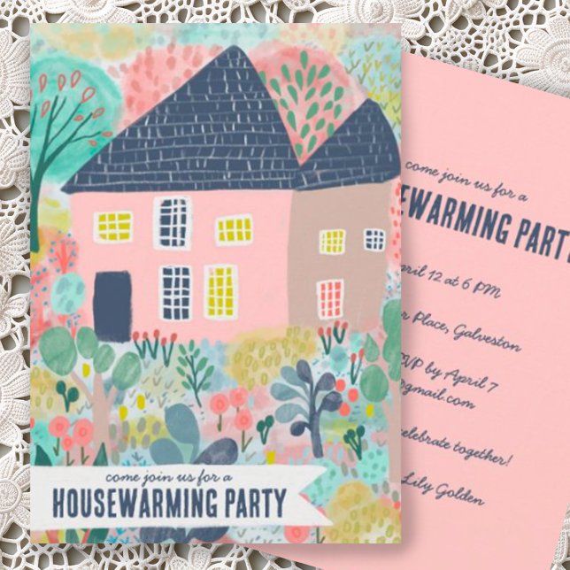 Convite Festa de Aquecimento Doméstico do Novo Jardim Domé (Custom housewarming party invite with handmade house and garden cute illustration watercolor)