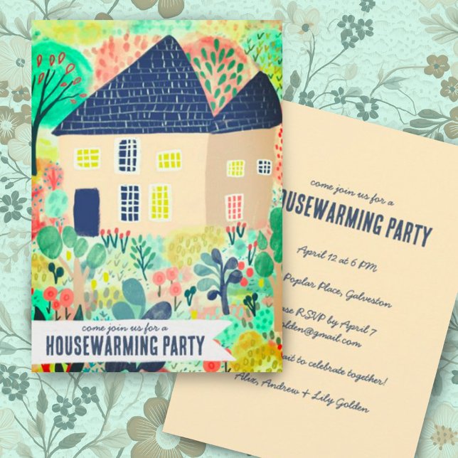 Convite Festa de Aquecimento Doméstico do Novo Jardim Domé (Sweet watercolor colorful house and garden art on custom housewarming invitation, avail as digital)