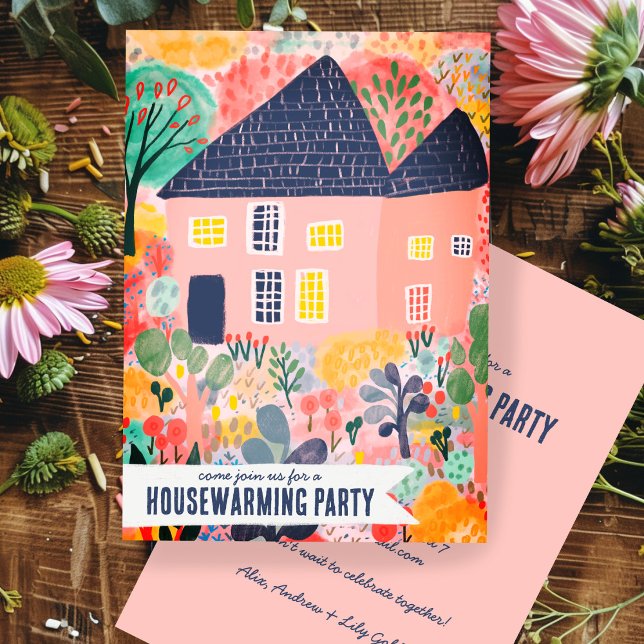 Convite Festa de Aquecimento Doméstico do Novo Jardim Domé (Housewarming New Home New Address Garden Watercolor Cute Custom Party Invitation Pink
)