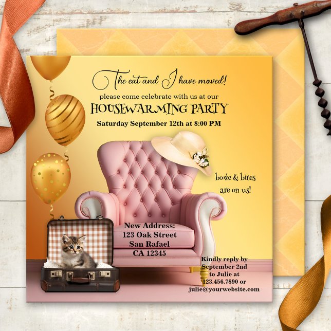 Convite Festa de Aquecimento Doméstico Gato-Gato (Boho chic housewarming party invitation for cat lovers in a fun sunny artistic style)