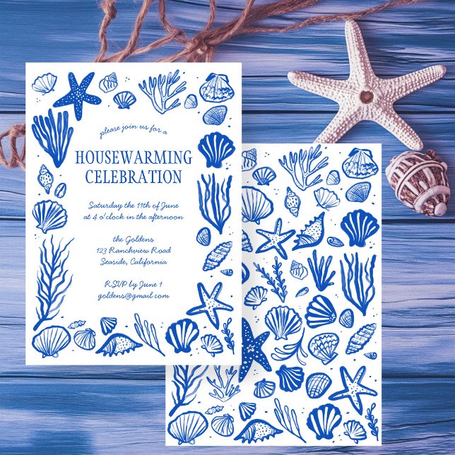 Convite FESTA DE AQUECIMENTO DOMÉSTICO Personalizado de Ca (Beach Blue Seashells Custom HOUSEWARMING PARTY New Home Address Party Invitation
)