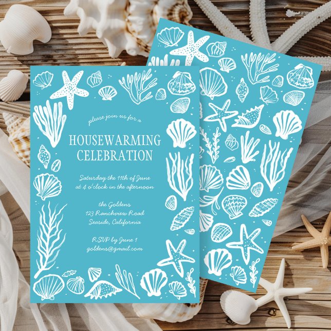 Convite FESTA DE AQUECIMENTO HABITUAL DA Seafoam Seashelm (Seafoam Seashells Custom HOUSEWARMING PARTY Invitation Beach Ocean Coast Sea Shells Blue New Home
)