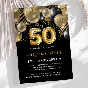 Convite Festa de Arco de Balão Preto Dourado de 50º Aniver