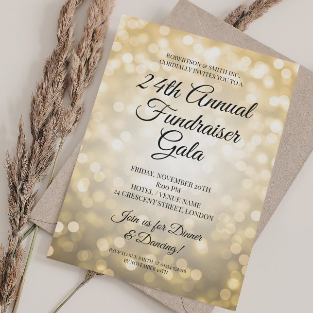 Convite Festa de Arrecadação Corporativa Formal Luzes Dour (Formal Corporate Fundraiser Party Gold Lights Invitation)