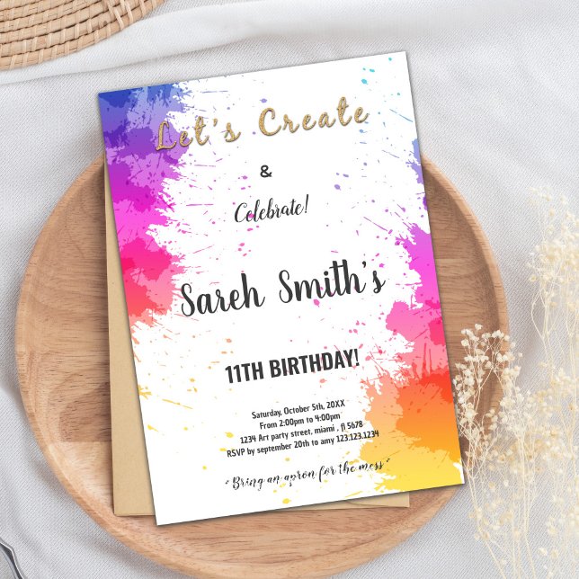 Convite Festa de Arte para Crianças Editáveis Obrigado ou  (Paint Birthday Postcards)