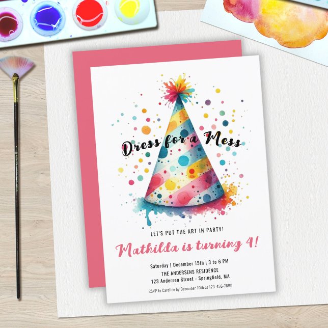 Convite Festa de Arte Pintura Infantil Desfile de Moda Ani (Dress Mess Kids Art Painting Party Girl Birthday Invitation)