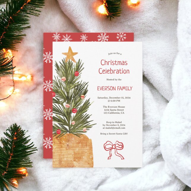 Convite Festa de Árvore de Natal Boho Red e White Scandi (Boho Red and White Scandi Christmas Tree Party Invitation)