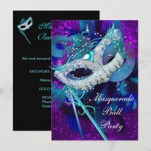Convite Festa de Baile de Máscaras Azul Turquesa Roxo Másc