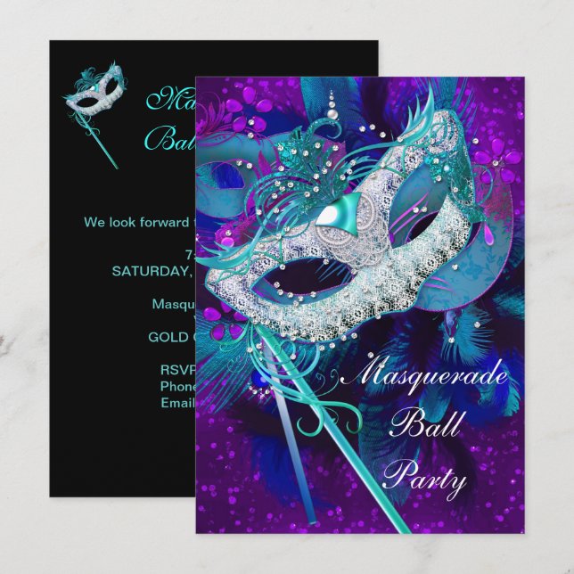Convite Festa de Baile de Máscaras Azul Turquesa Roxo Másc (Frente/Verso)