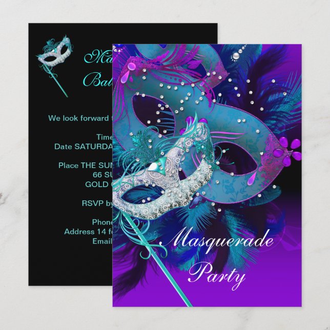 Convite Festa de Baile de Máscaras Azul Turquesa Roxo Másc (Frente/Verso)