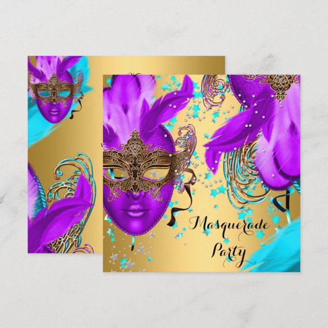 Convite Festa de Baile de Máscaras Roxo Azul Turquesa Másc (Frente/Verso)