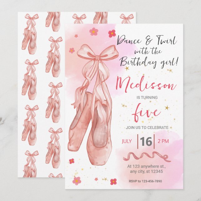 Convite Festa de balé de aniversário de menina rosa-branca (Frente/Verso)
