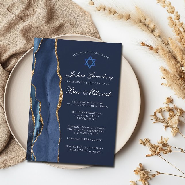 Convite Festa de Bar Mitzvah Chic em Azul Escuro com Ágata (Criador carregado)