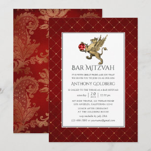 Convite Festa de Bar Mitzvah Vermelha e Dourada em Damasco