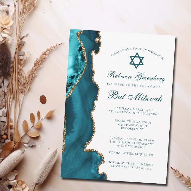 Convite Festa de Bat Mitzvah Chic Turquesa Ágata Dourada (Criador carregado)