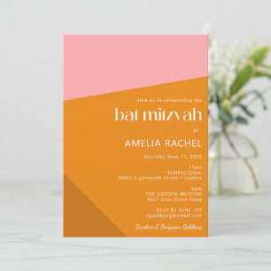Convite Festa de Bat Mitzvah com Bloco de Cor Laranja Rosa