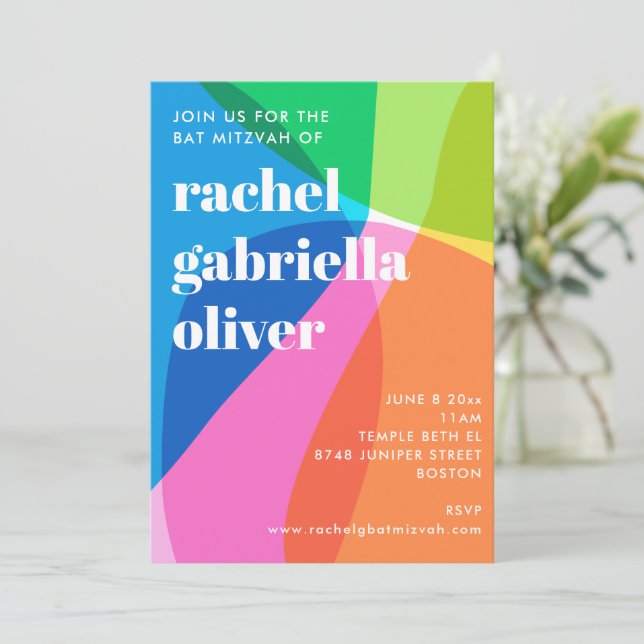 Convite Festa de Bat Mitzvah com Foto Colorida Abstrata de (Em pé/Frente)