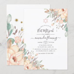 Convite Festa de Bat Mitzvah Floral Rosa Bege
