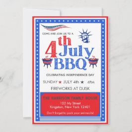 Convite Festa de BBQ de 4 de Julho Vermelho Branco e Azul