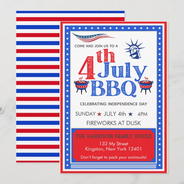 Convite Festa de BBQ de 4 de Julho Vermelho Branco e Azul  (Frente/Verso)