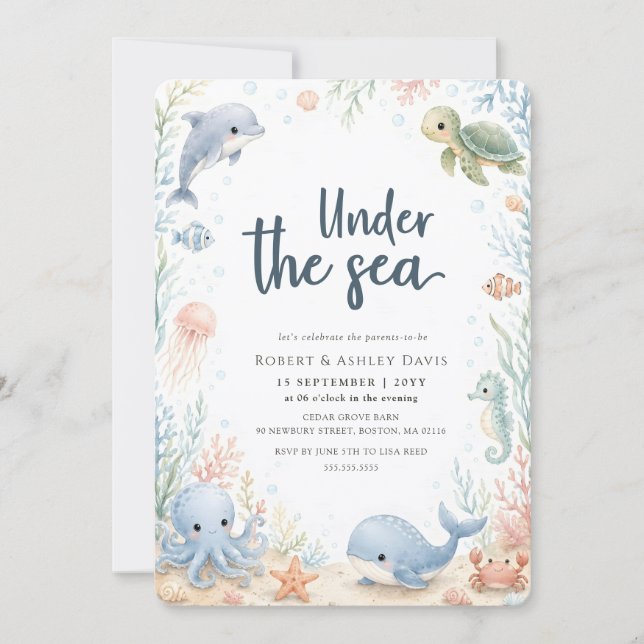 Convite Festa de Bebê Animais do Oceano Sob o Mar (Frente)