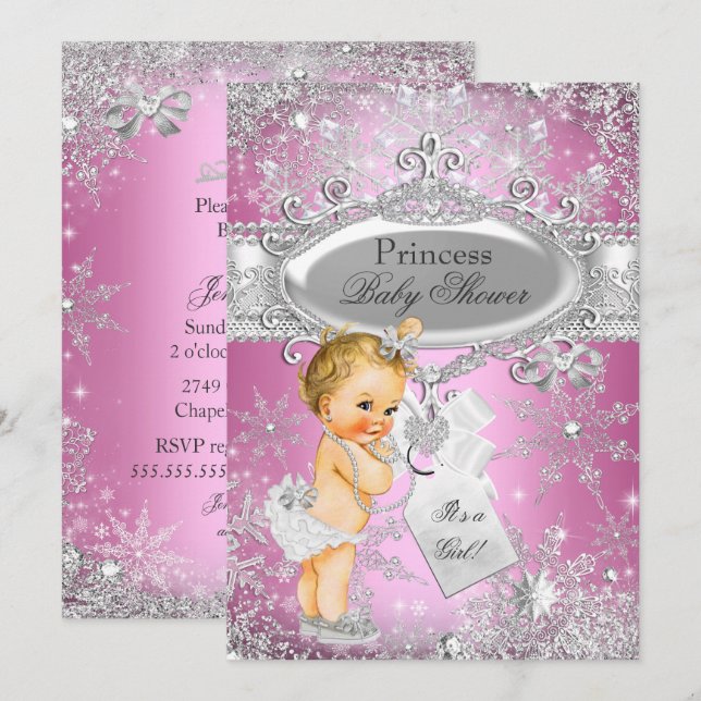 Convite Festa de Bebê Blonde Princesa Rosa Winter Wonderla (Frente/Verso)