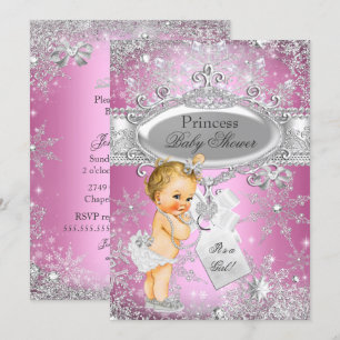 Convite Festa de Bebê Blonde Princesa Rosa Winter Wonderla