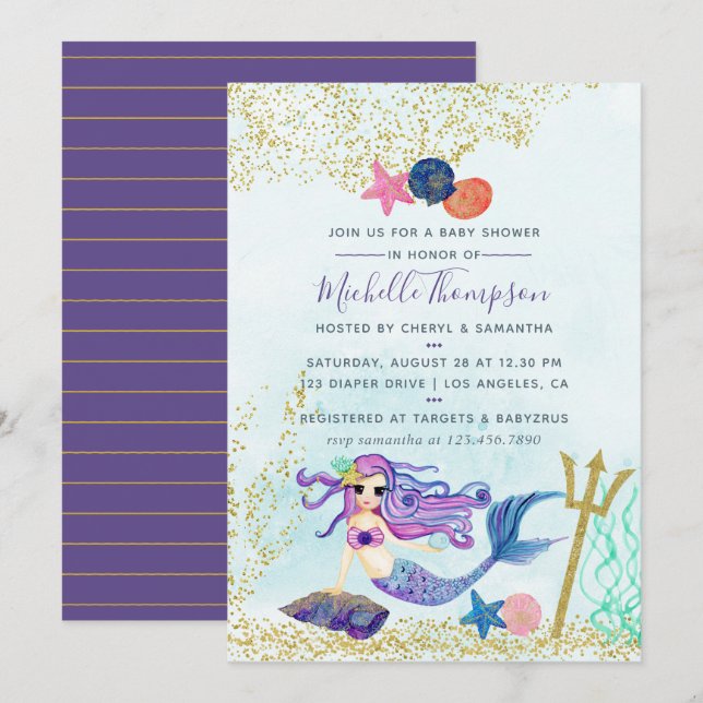 Convite Festa de Bebê com Cores da Moda Tema Sereia (Frente/Verso)