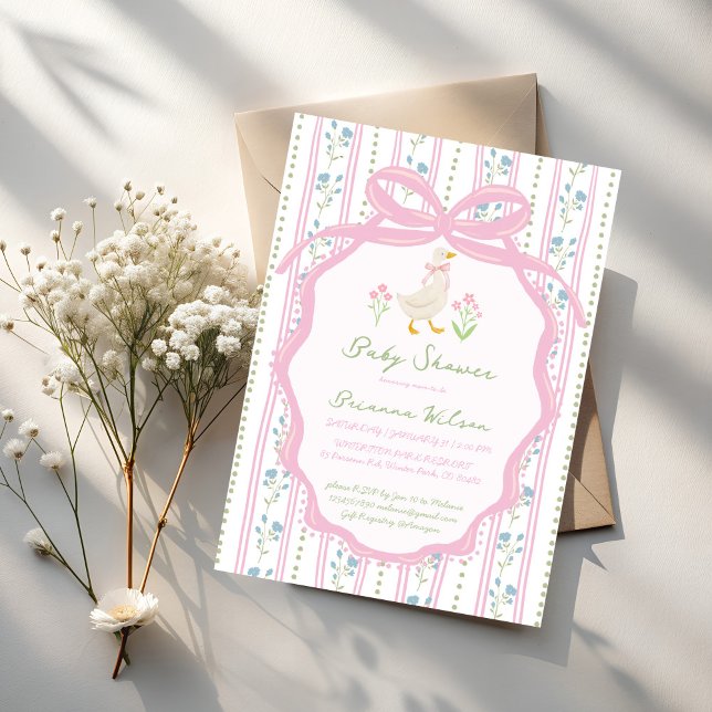 Convite Festa de bebê com rimas infantis de ganso (Goose nursery rhymes preppy pink bow baby shower invitation cards template )