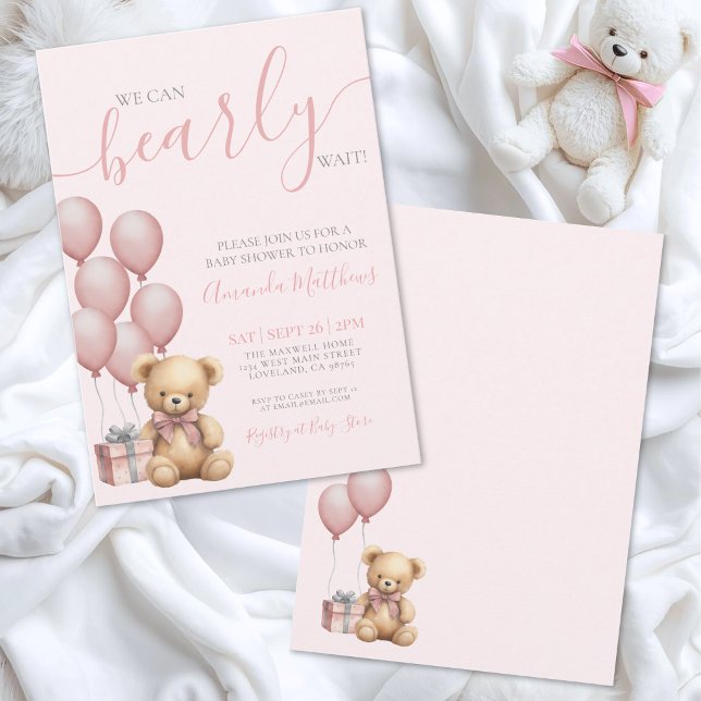 Convite Festa de Bebê da Menina Rosa Podemos Mal Esperar (Pink Girl We Can Bearly Wait Baby Shower Invitation)