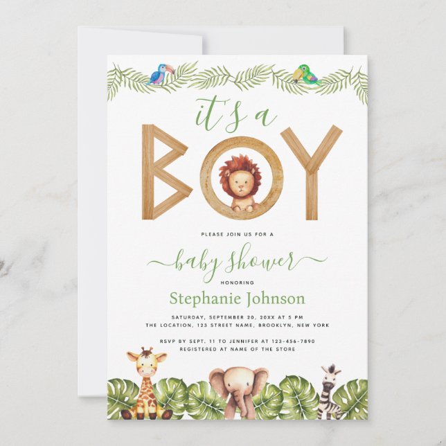 Convite Festa de Bebê do Menino Leão Animais da Savana Fol (Frente)