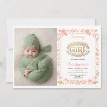 Festa de Bebê Menina com Foto em Rosa e Dourado