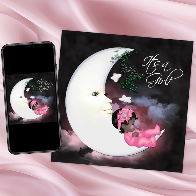 Convite Festa de Bebê Menina Negra Lua Rosa Africana Ameri (Cute moon baby shower invitation. Instant download and printed invitations available.)
